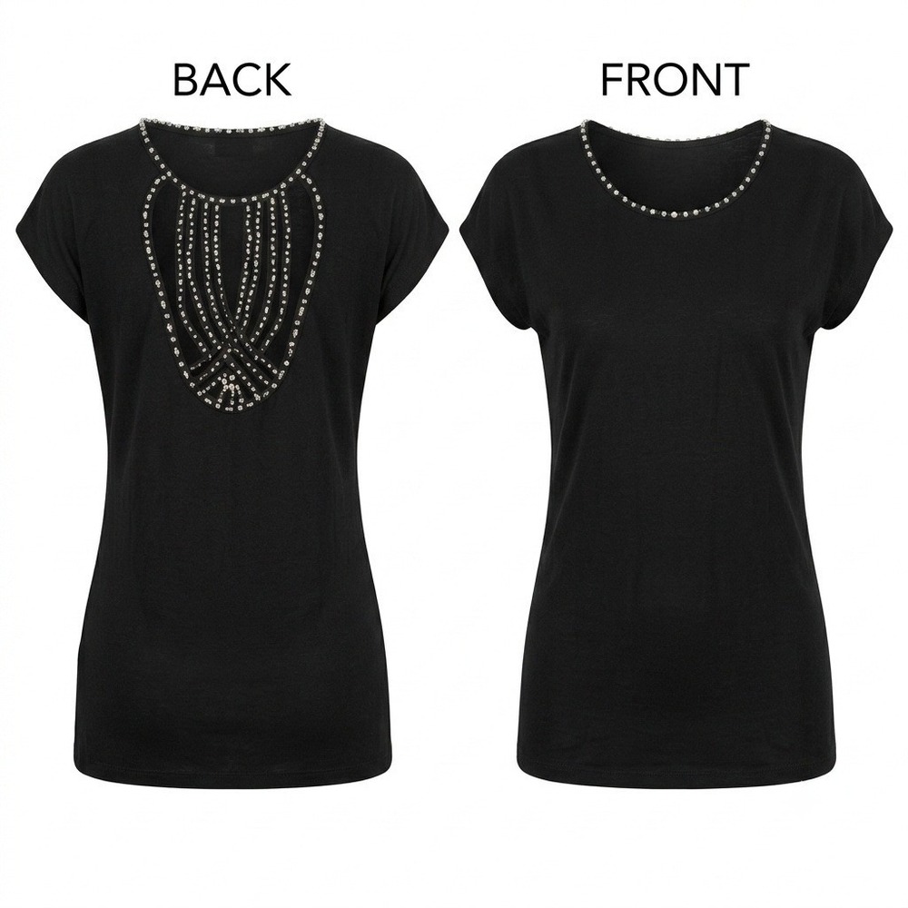 Nylon Apparel Black Top with Pearl Beaded Necklace Detail Size M